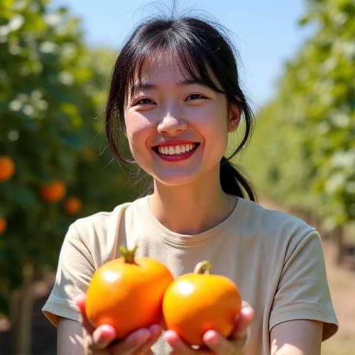 みかん畑で収穫したみかんを持って微笑む佐藤久美子さん