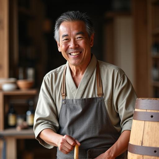 味噌樽の横で微笑む職人の田中義弘さん